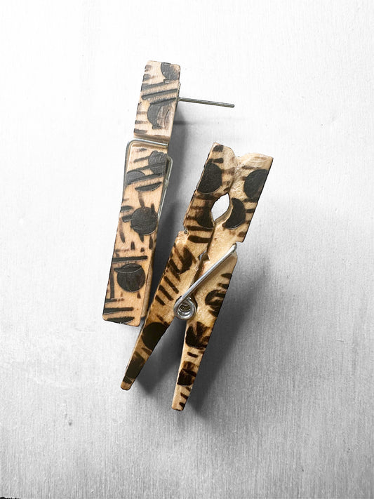Handmade Wooden Clothespin Earrings – Burned Pattern Design Medium Size