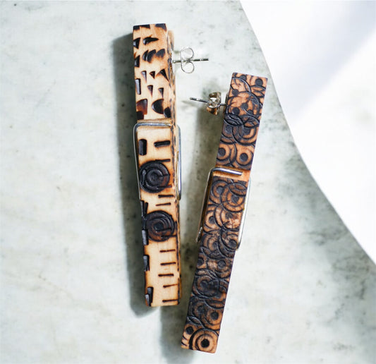 Handmade Wooden Clothespin Earrings – Burned Pattern Design Large Size